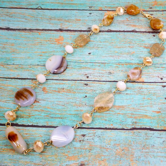 A mix of beige, brown, and off white bead necklace with glass and stone - Picture 6 of 13